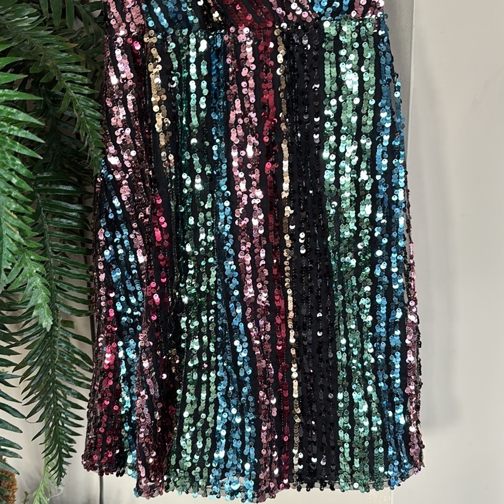 Venus Sparkly Rainbow Striped Sequin Colorful Cocktail Dress Spaghetti Strap - Picture 3 of 15